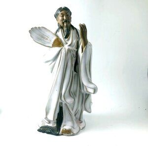 Vintage Shiwan Ceramic Scholar Figurine Handcrafted Chinese Immortal with Fan Sh